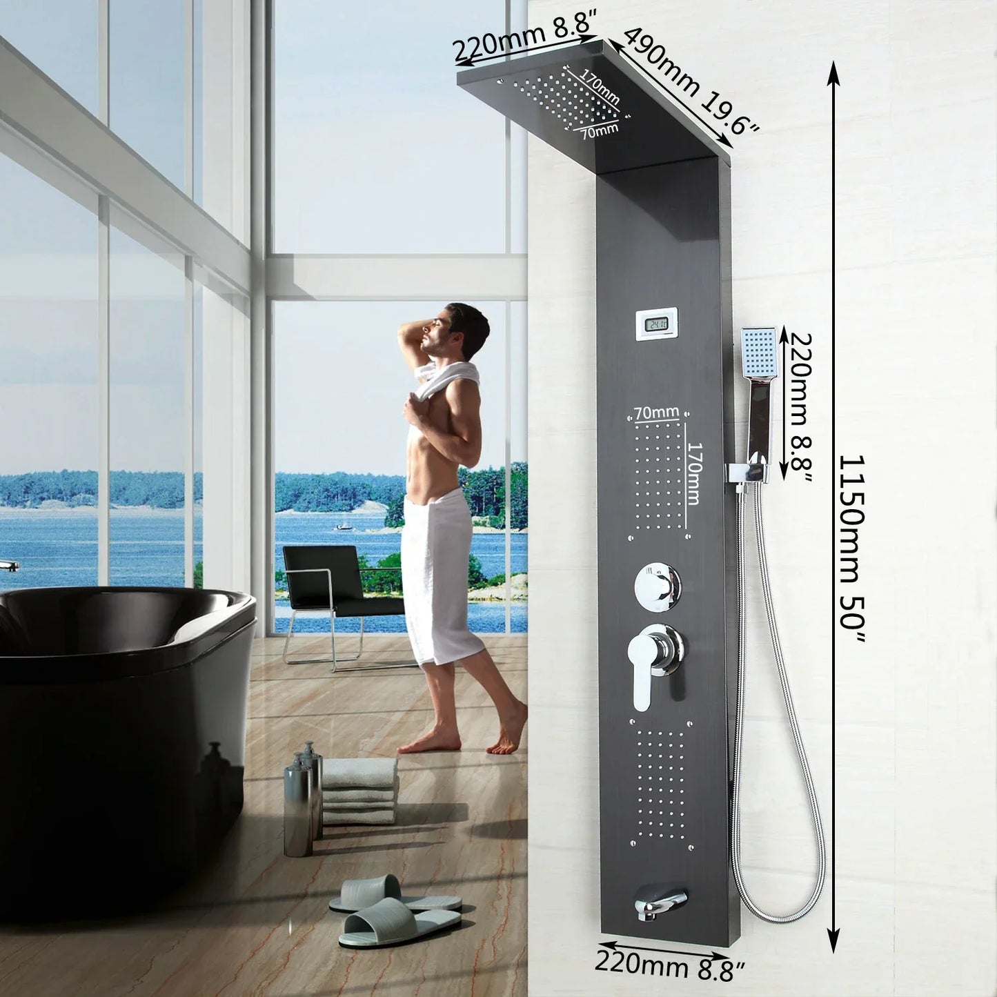 DecorBites™ Dark Nickel Shower Panel with Hand shower, Tub Spout, and Massage System