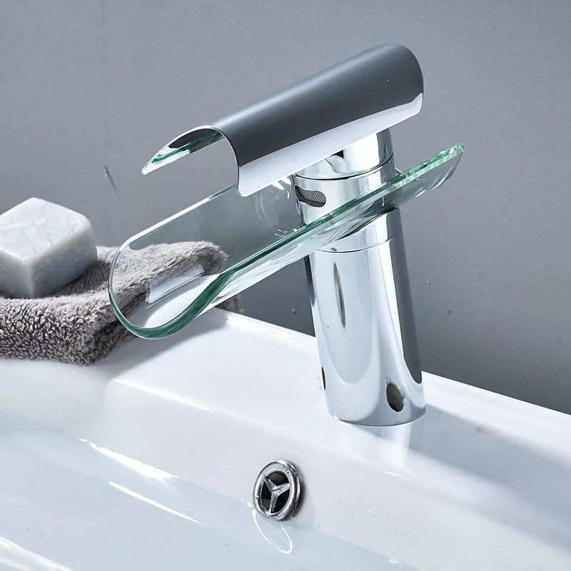 Decorbites™ Glas-Auslauf-Waschbeckenarmatur: Wasserfall-Badmischtap, Chrom-Optik