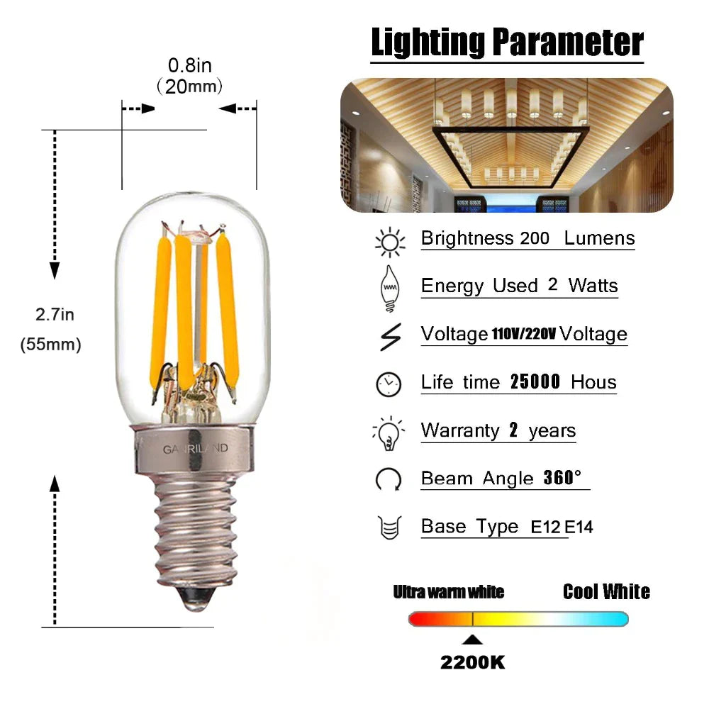 Decorbites™ dimmbare LED-Röhrenlampe 220V E12 E14 Mini T20 2200K Kühlschrankbeleuchtung