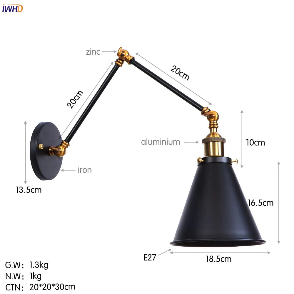 DecorBites™ Gold LED Swing Arm Wall Lamp Industrial Decor Vintage Beside Stair Loft