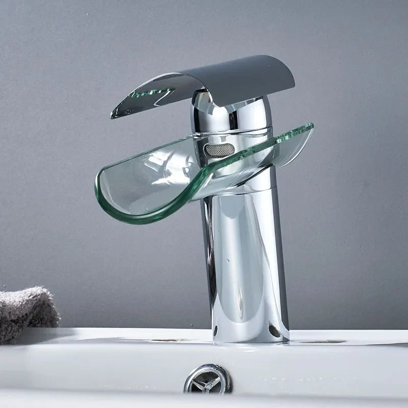 Decorbites™ Glas-Auslauf-Waschbeckenarmatur: Wasserfall-Badmischtap, Chrom-Optik