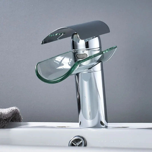 Decorbites™ Glas-Auslauf-Waschbeckenarmatur: Wasserfall-Badmischtap, Chrom-Optik