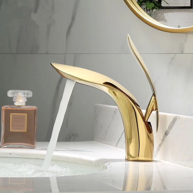 Gold Brass Basin Faucet Tall Single-Handle Style