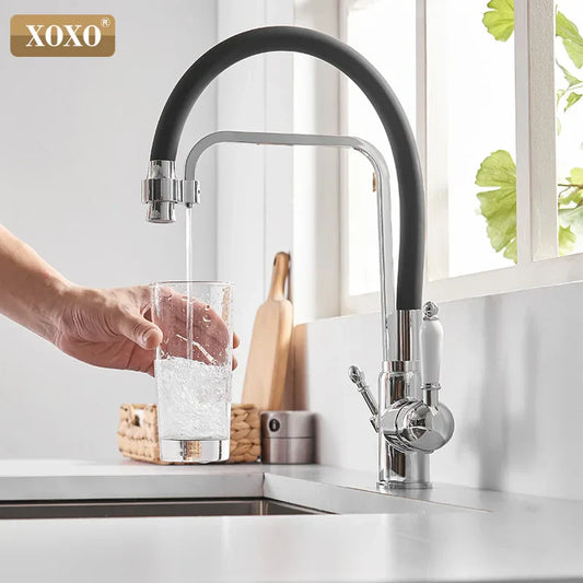 DecorBites™ Black Deck Mounted Kitchen Faucet with 360 Rotation Pure Water Filter