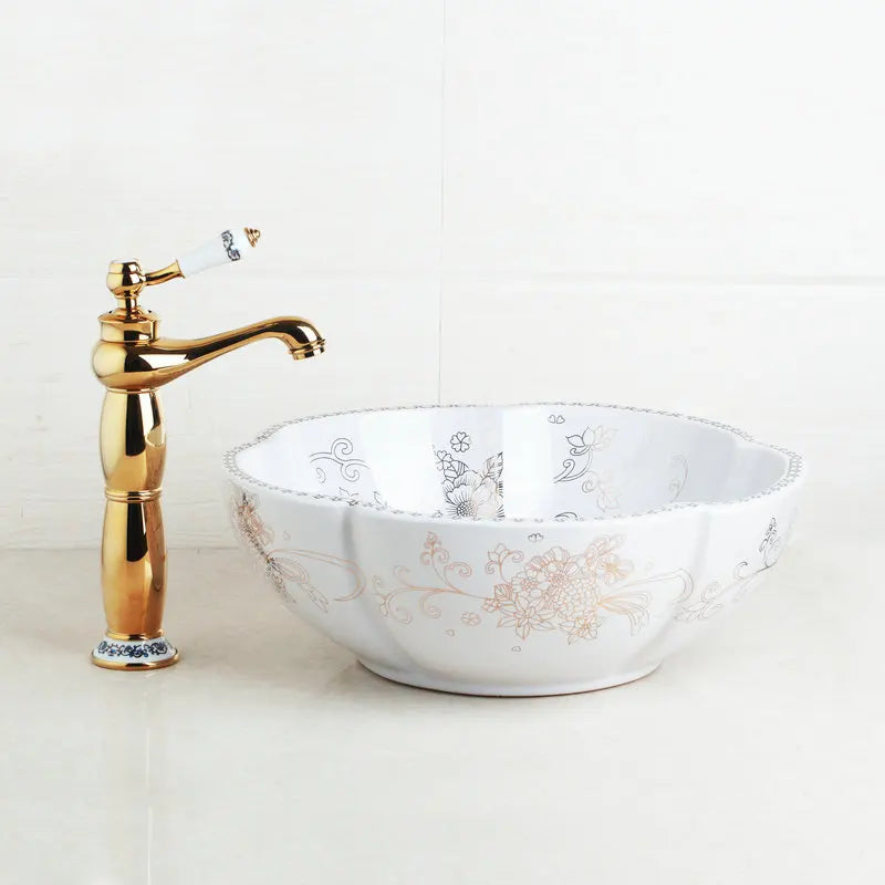 Decorbites™ Handbemaltes Keramisches Waschbecken-Set mit Goldenem Teekannen-Auslaufarmatur