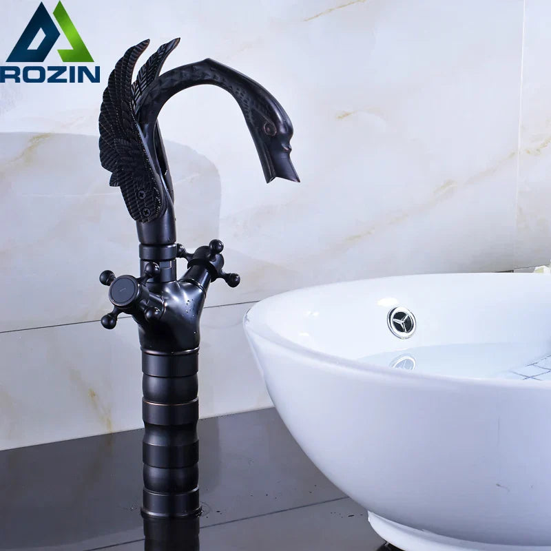 Decorbites™ Schwarze Bronze Schwan Beckenarmatur Doppeltes Kreuzgriff Aufsatz Badmischer