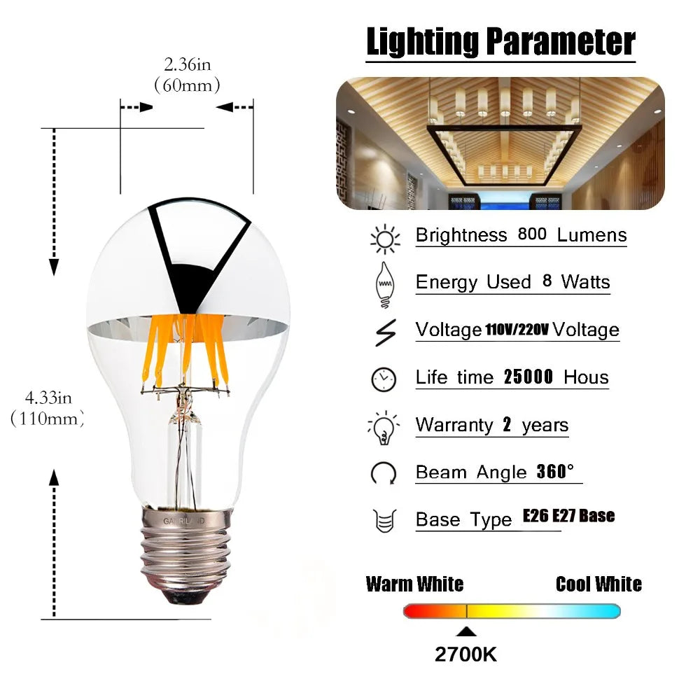 Decorbites™ LED-Filamentlampe A19 Silberne Kuppel 8 W 800 lm Dimmbare CRI 85 2700 K 6000 K Warm Kalt