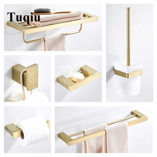 Decorbites™ Badezimmerset: Handtuchhalter, Eckregal, Toilettenpapierhalter, Einhebelmischer - Gebürstetes Mattgold