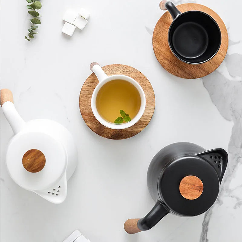 Decorbites™ Japanischer Stil Keramik-Teekanne-Set mit Holzgriff | Hitzebeständiges Borosilikatglas