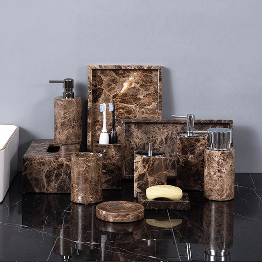 Decorbites™ Emperador Dunkel-Marmor Badezimmer-Set: Zahnbürstenhalter, Seifenschale, Seifenspender