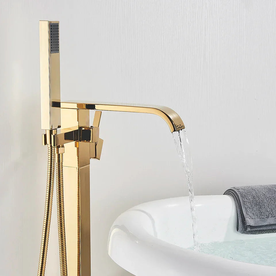 Decorbites™ Gold Badewannenarmatur-Set Heißes und Kaltes Wasser Duschmischer Hahn Wasserfall Bodenständer