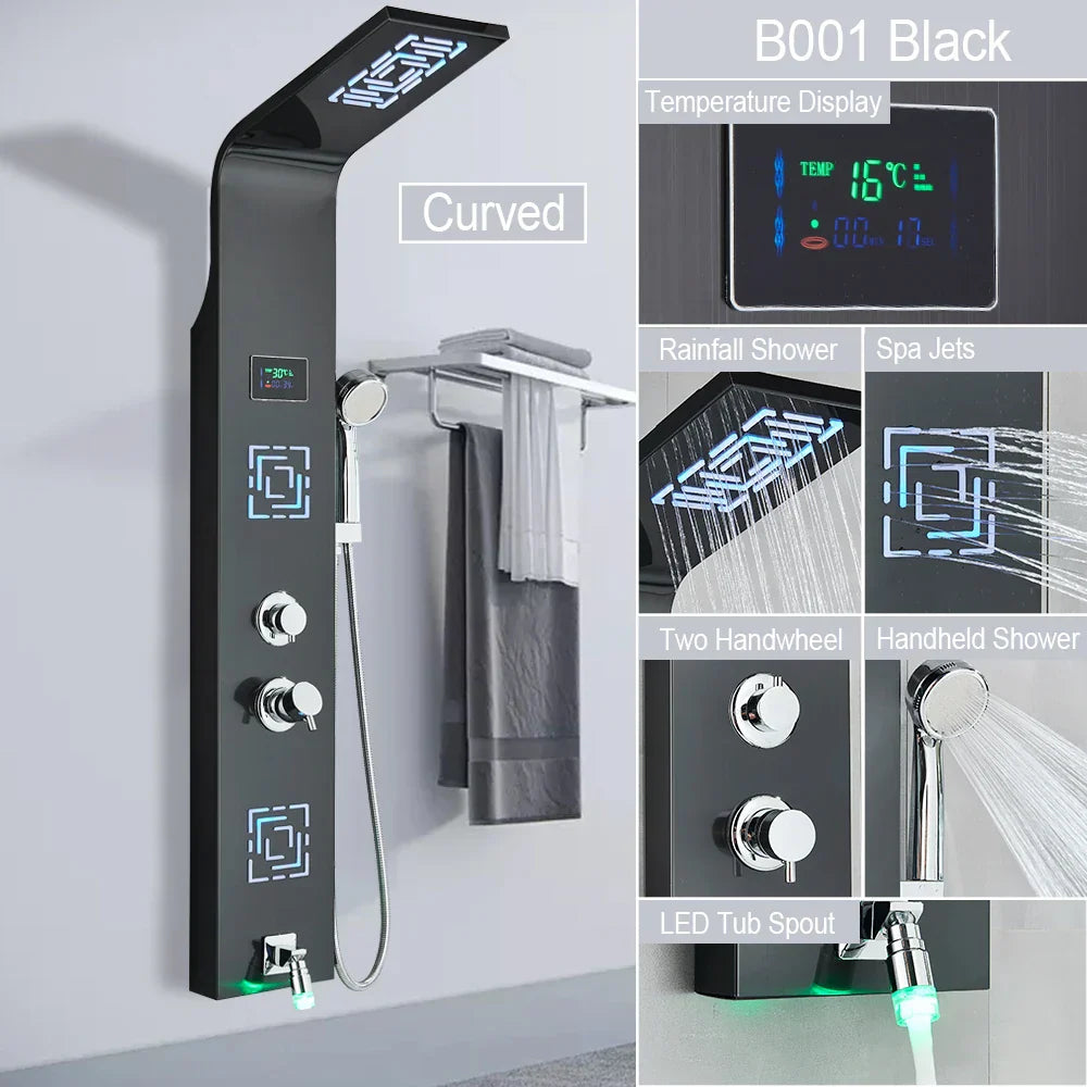 Decorbites™ LED-Licht-Duscharmatur-System: Regenwald, Massage-Düsen, Wasserfall-Panel mit Temperatursteuerung