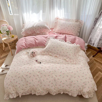DecorBites™ Gardenia Print Princess Bedding Set with Ruffles and Pillowcases