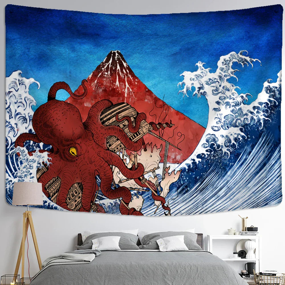 DecorBites™ Kanagawa Waves Oil Painting Tapestry Wall Hanging, Bohemian Style Psychedelic Hippie Art