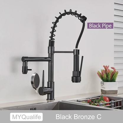 DecorBites™ Black Brass Kitchen Faucet with Dual Spout, 360 Rotation, Deck Mounted