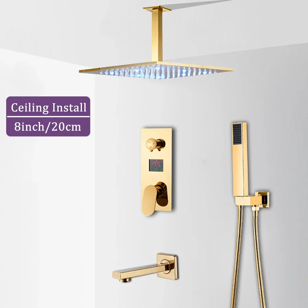 Gold Rainfall Shower Faucet With Digital Display