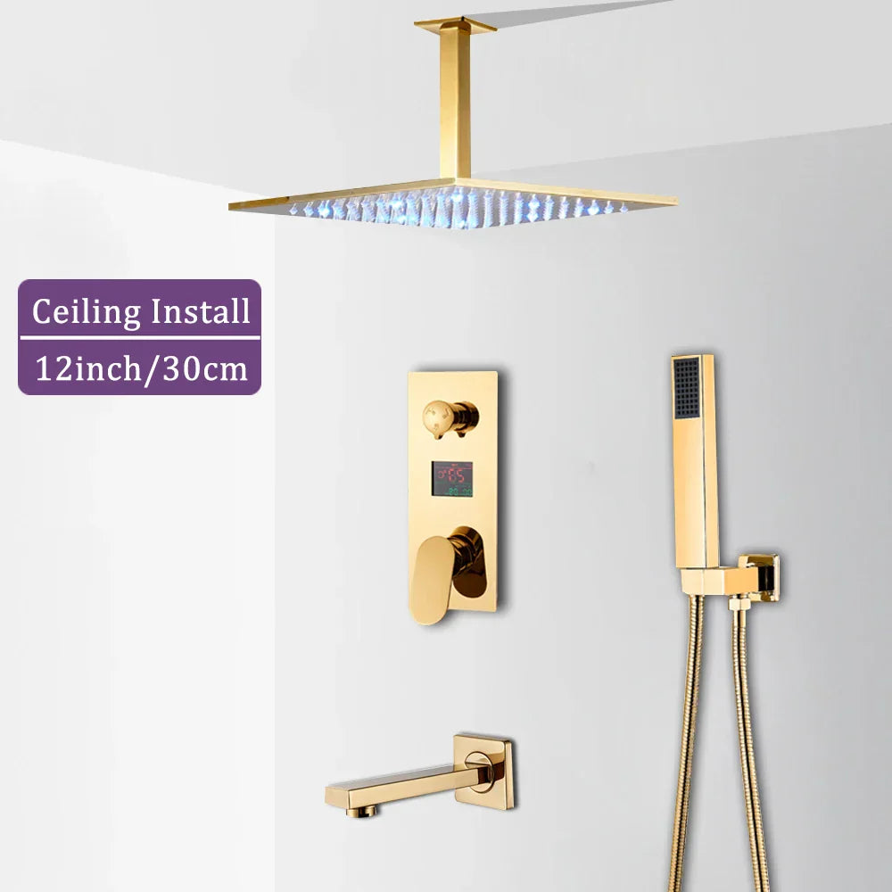 Gold Rainfall Shower Faucet With Digital Display