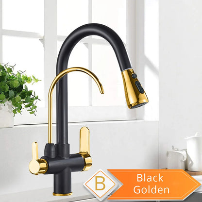 Decorbites™ 3-Wege-Wasserfilter-Küchenarmatur: Schwarzer & Goldener Kranich-Ausziehsprühkopf