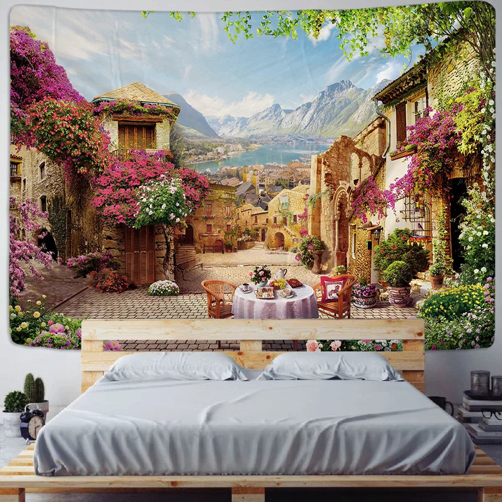 Decorbites™ Grüne Pflanzenlandschaft Wandteppich | Boho Wandbehang für Stadt Schlossberg