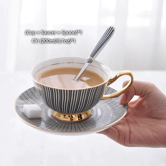 Decorbites™ Elegantes Graues Teetassen-Set: 200 ml Porzellan-Kaffeegeschirr mit Goldakzenten
