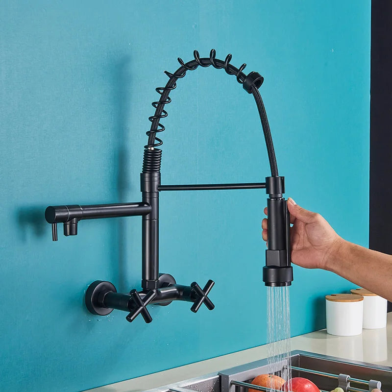 Gold Black Wall Faucet With Dual Swivel Spouts