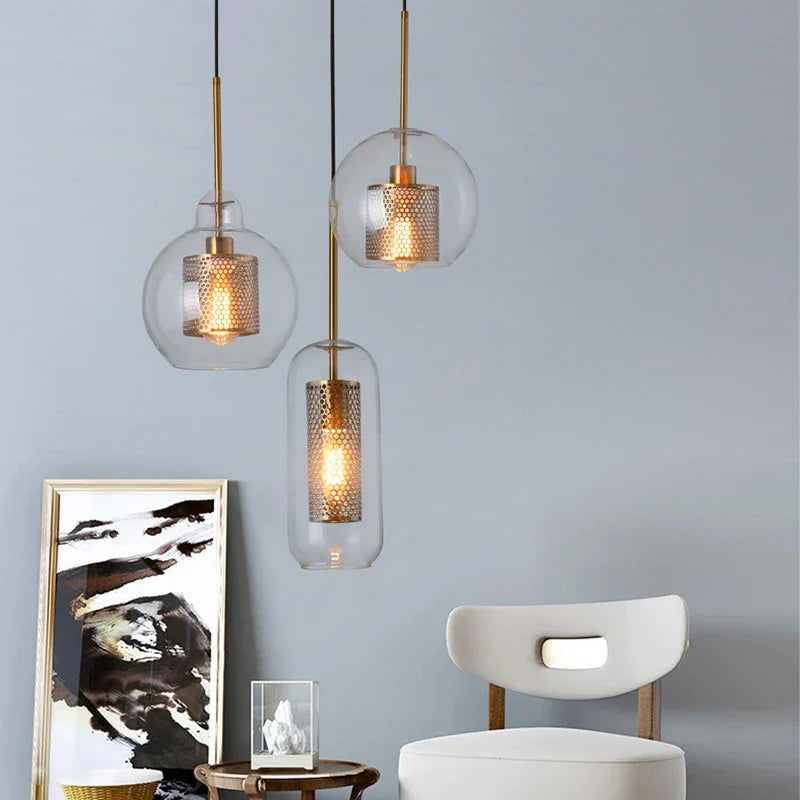 DecorBites™ Gold Mesh Glass Ball Pendant Light Industrial Kitchen Fixture