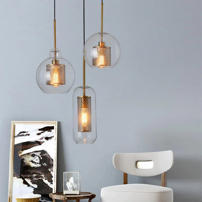 DecorBites™ Gold Mesh Glass Ball Pendant Light Industrial Kitchen Fixture