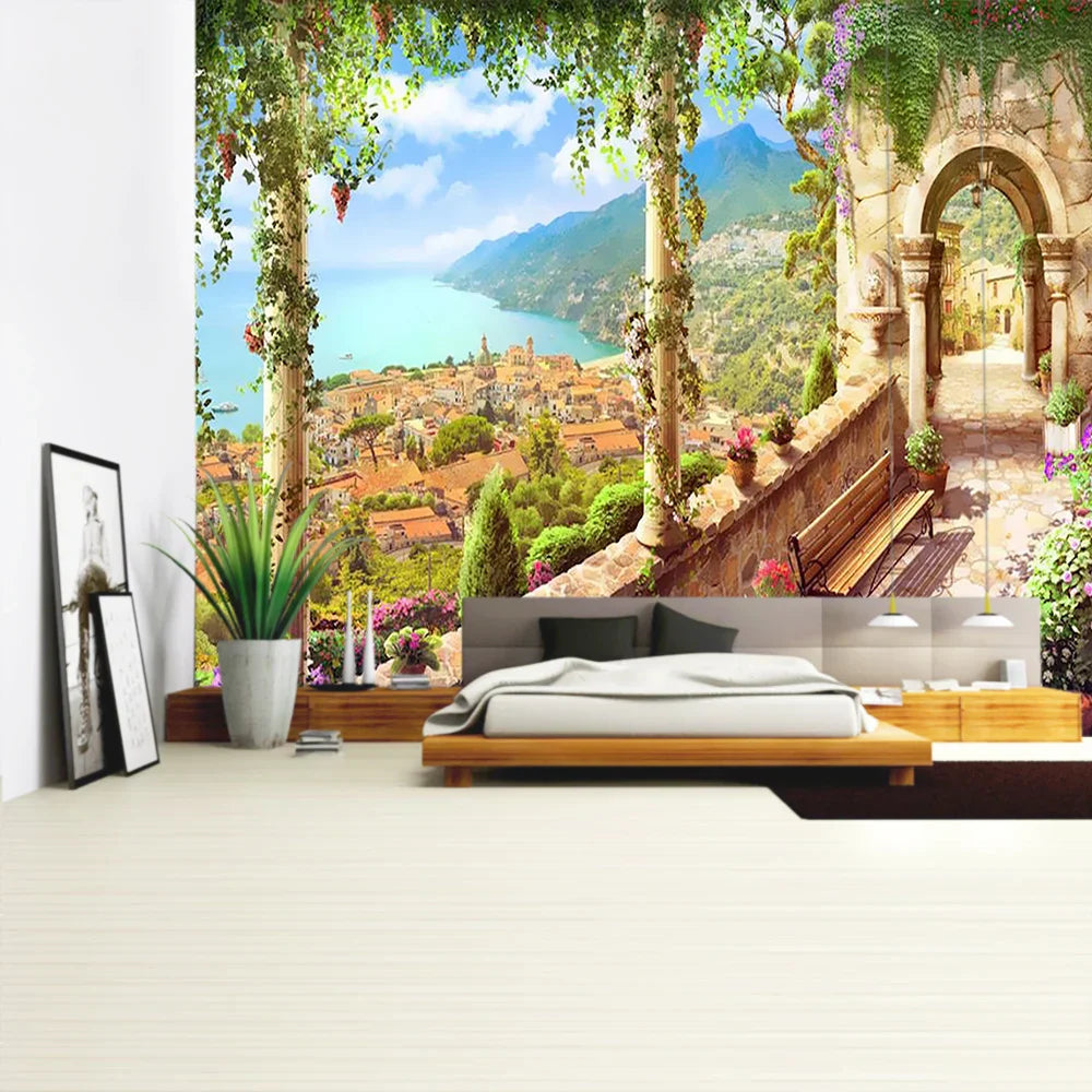 Decorbites™ Grüne Pflanzenlandschaft Wandteppich | Boho Wandbehang für Stadt Schlossberg