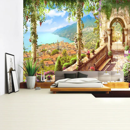 Decorbites™ Grüne Pflanzenlandschaft Wandteppich | Boho Wandbehang für Stadt Schlossberg
