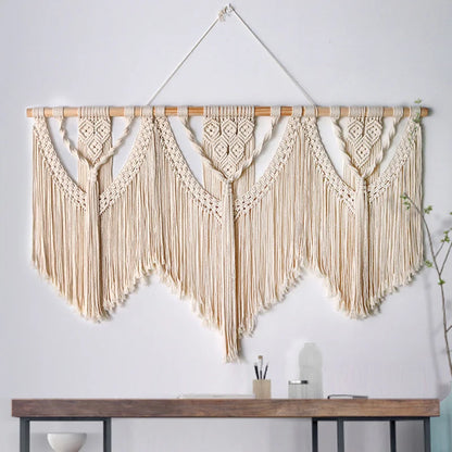 Decorbites™ Großes handgewebtes Makramee-Wandhänger-Teppich mit Holzstab und Troddeln