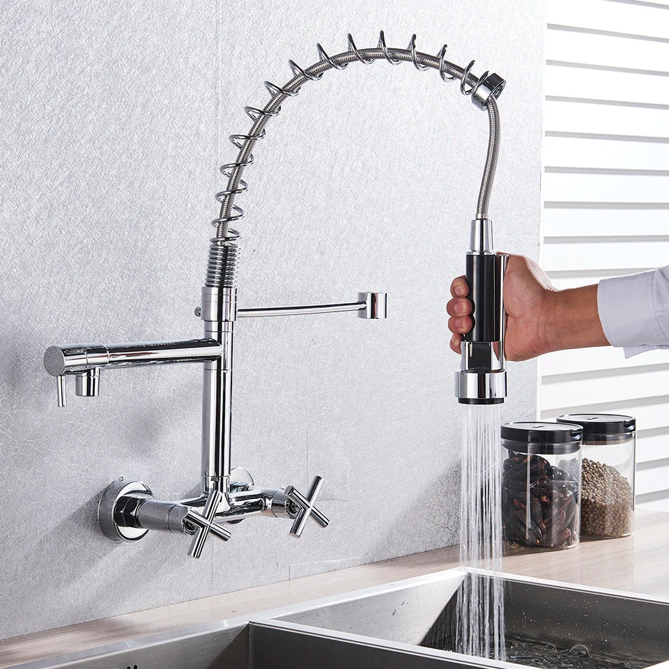Gold Black Wall Faucet With Dual Swivel Spouts