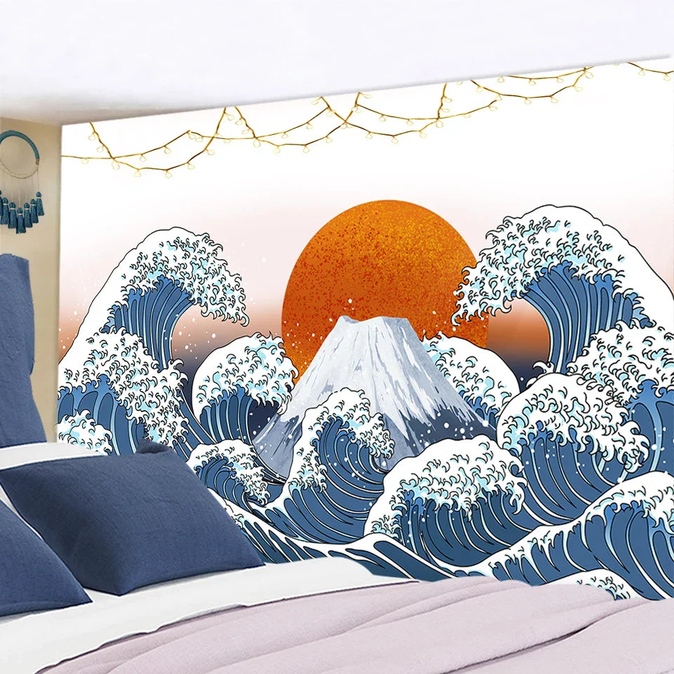 Decorbites™ Kanagawa-Wellen-Hängende Gobelin: Boho-Sonne-Wandgobelins, Bettüberwurf, Yogamatte