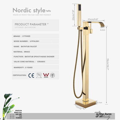 Decorbites™ Gold Badewannenarmatur-Set Heißes und Kaltes Wasser Duschmischer Hahn Wasserfall Bodenständer