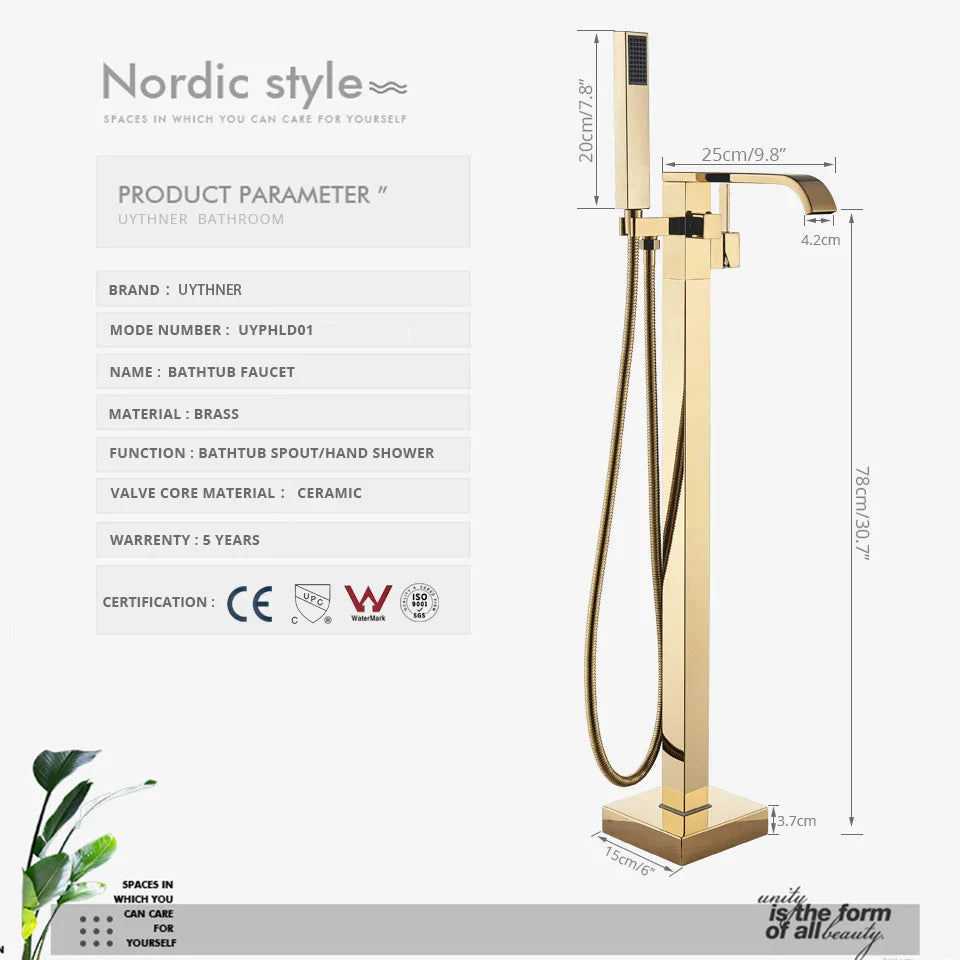 Gold Waterfall Bathtub Faucet Floor-Standing