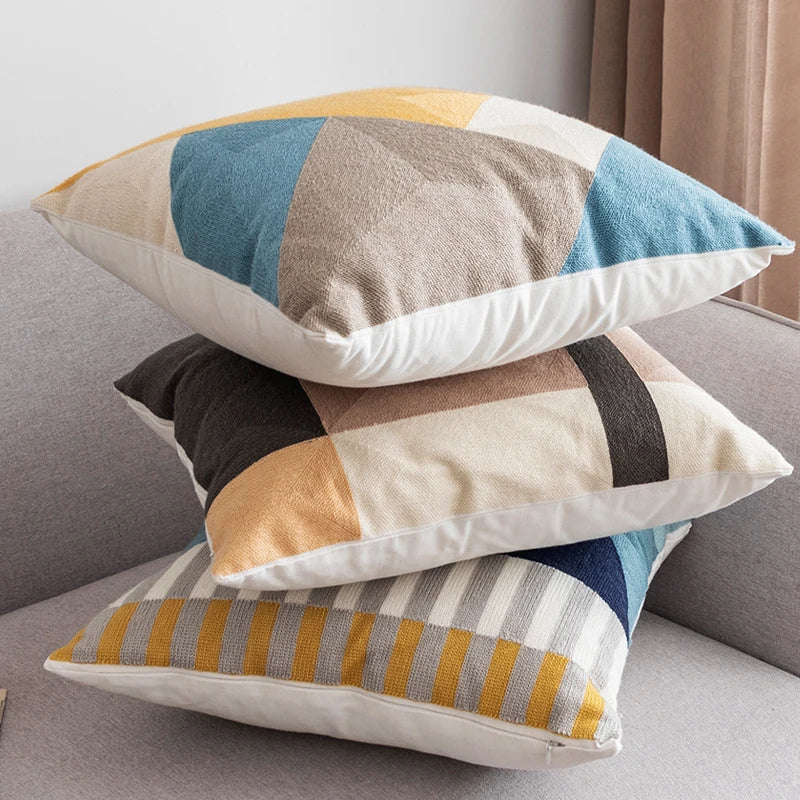 DecorBites™ Geometric Embroidery Cushion Cover Set - Blue Coffee Yellow Grey Abstract Square