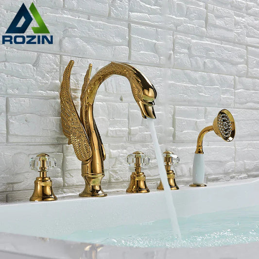 Decorbites™ Kristallknopf-Schwanenarmatur 5-Loch-Wide-Spread-Badewannenmischer mit Handbrause