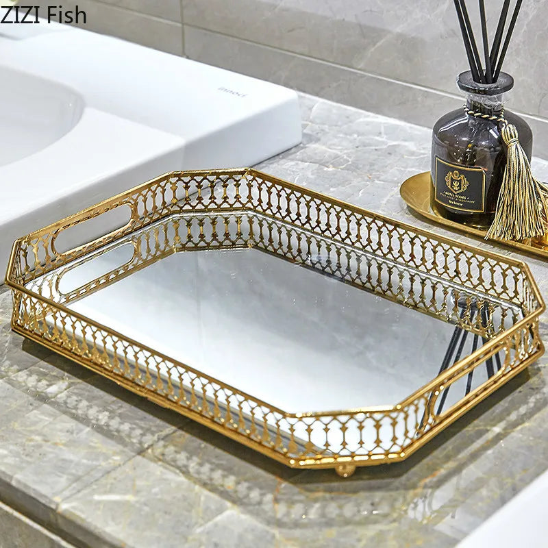 Decorbites™ Elegantes Goldspiegel-Glas-Aufbewahrungstablett für Schmuck und kleine Gegenstände