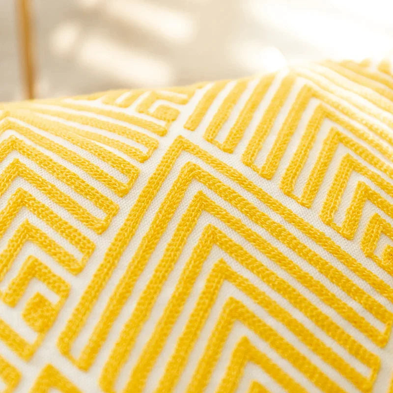 DecorBites™ Geometric Embroidery Canvas Cotton Cushion Cover for Sofa Bed in Yellow