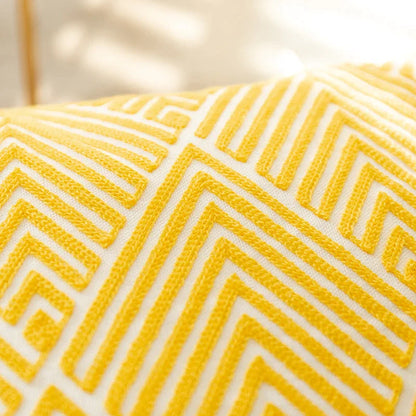 DecorBites™ Geometric Embroidery Canvas Cotton Cushion Cover for Sofa Bed in Yellow