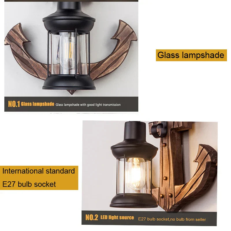 Decorbites™ Industrielle Vintage-Holz-Wandleuchte mit Glas-Dekoration