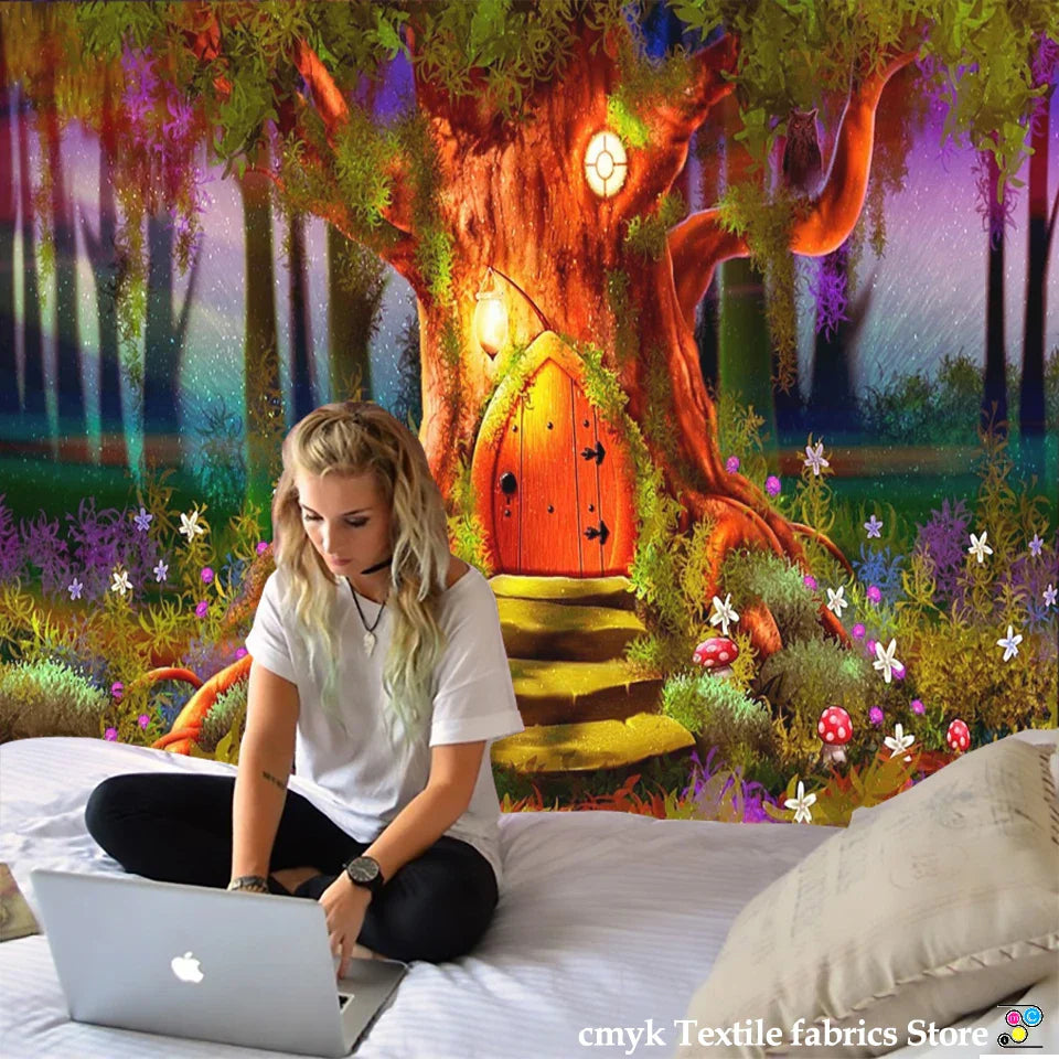 Decorbites™ Träumerisches Schloss-Pilz-Gobelin Psychedelisches Wandhänge Hippie-Kinder-Dekoration
