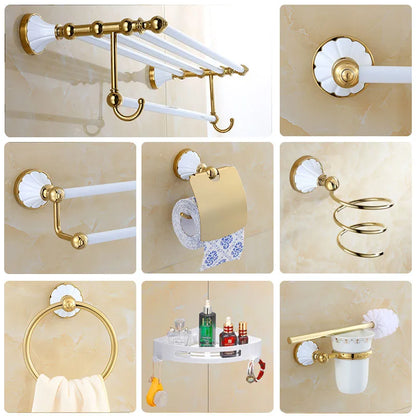 Decorbites™ Gold & White Badezimmer-Accessoires-Set: Eckregal, Papierhalter, Handtuchhalter, Toilettenbürstenhalter, Handtuchstange