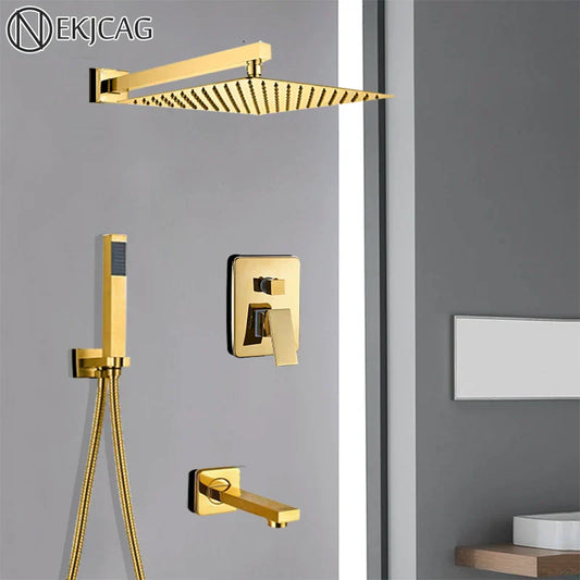 Decorbites™ Golden Badezimmer-Duschset mit quadratischer Regendusche und verdeckten Mischbatterien