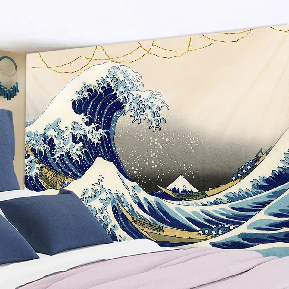 Decorbites™ Kanagawa-Wellen-Hängende Gobelin: Boho-Sonne-Wandgobelins, Bettüberwurf, Yogamatte