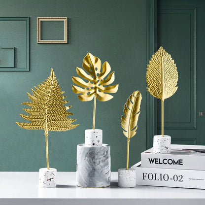 DecorBites™ Gold Leaf Decorations on Marble Base - Creative Metal Crafts for Home Decor