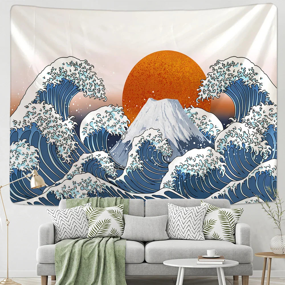 Decorbites™ Kanagawa-Wellen-Hängende Gobelin: Boho-Sonne-Wandgobelins, Bettüberwurf, Yogamatte