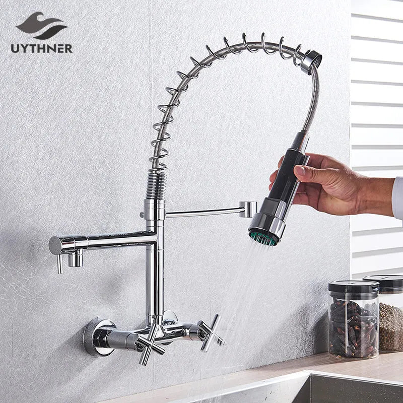 Gold Black Wall Faucet With Dual Swivel Spouts