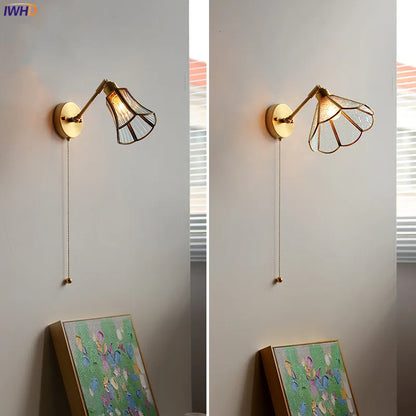 DecorBites™ Green Glass LED Wall Lights with Pull Chain Switch, Copper Finish