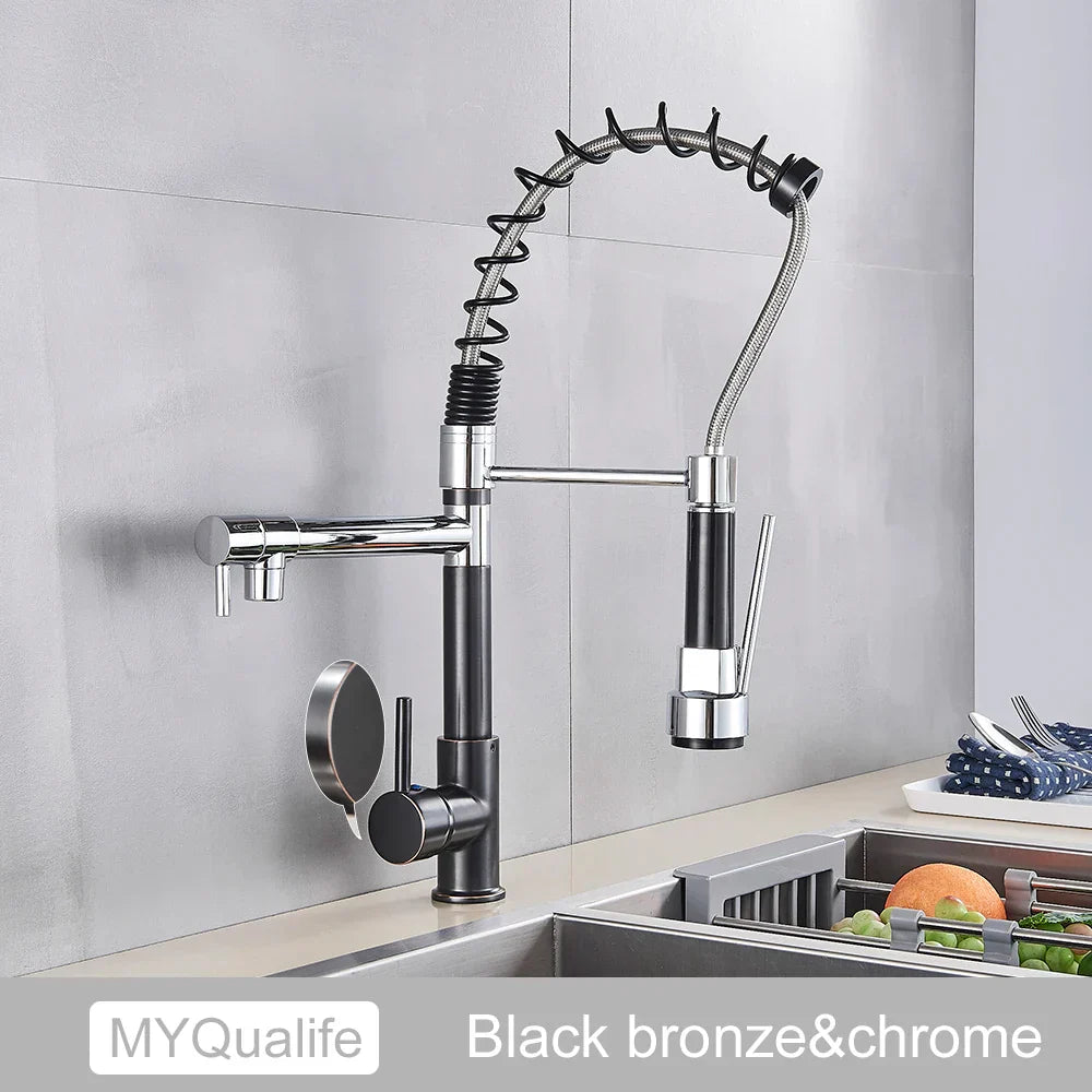 DecorBites™ Black Brass Kitchen Faucet with Dual Spout, 360 Rotation, Deck Mounted