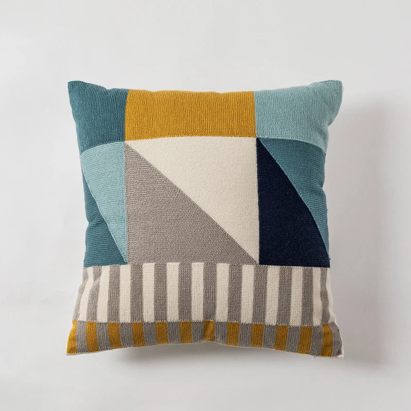 DecorBites™ Geometric Embroidery Cushion Cover Set - Blue Coffee Yellow Grey Abstract Square